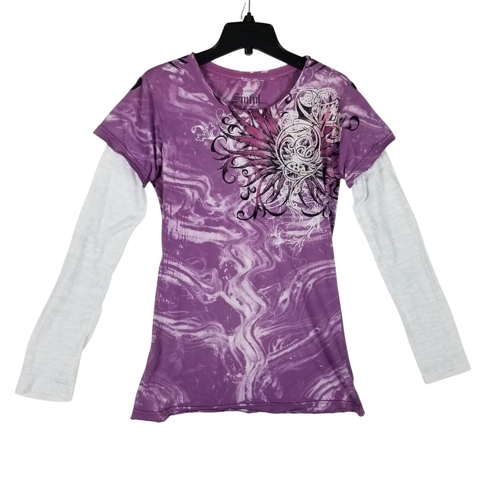 Sinful Graphic Tee Women Large Purple Acid Wash Layered Sleeve Y2K Distressed